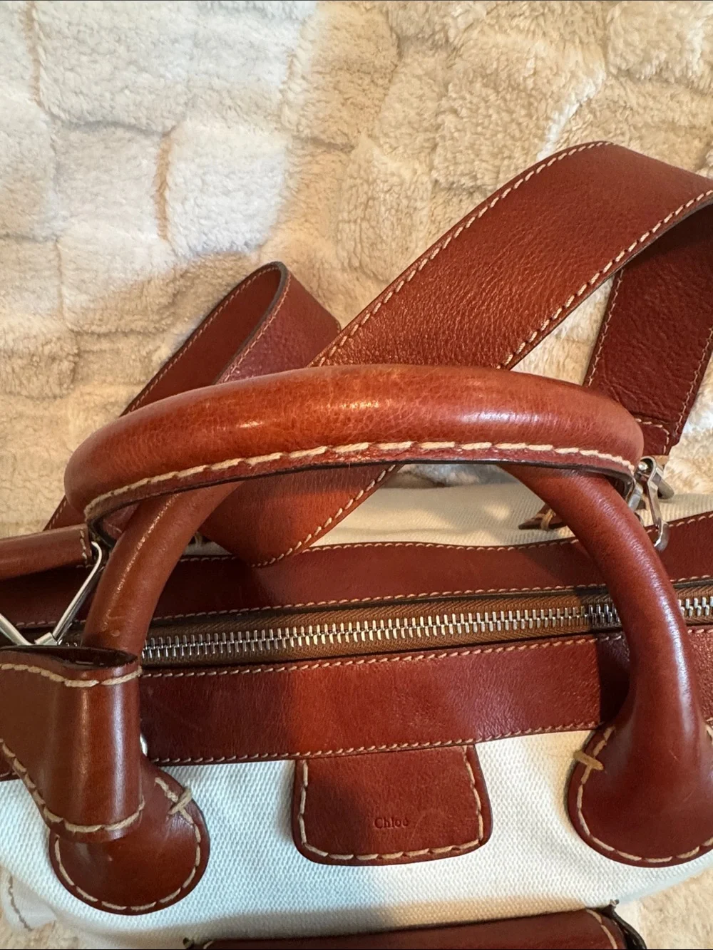 Chloe Edith White Canvas and Brown Leather Satchel with Strap